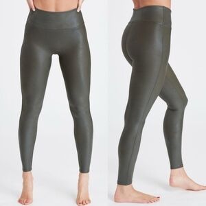Spanx Women's Rich Olive Faux Leather Liquid Shaping Leggings L